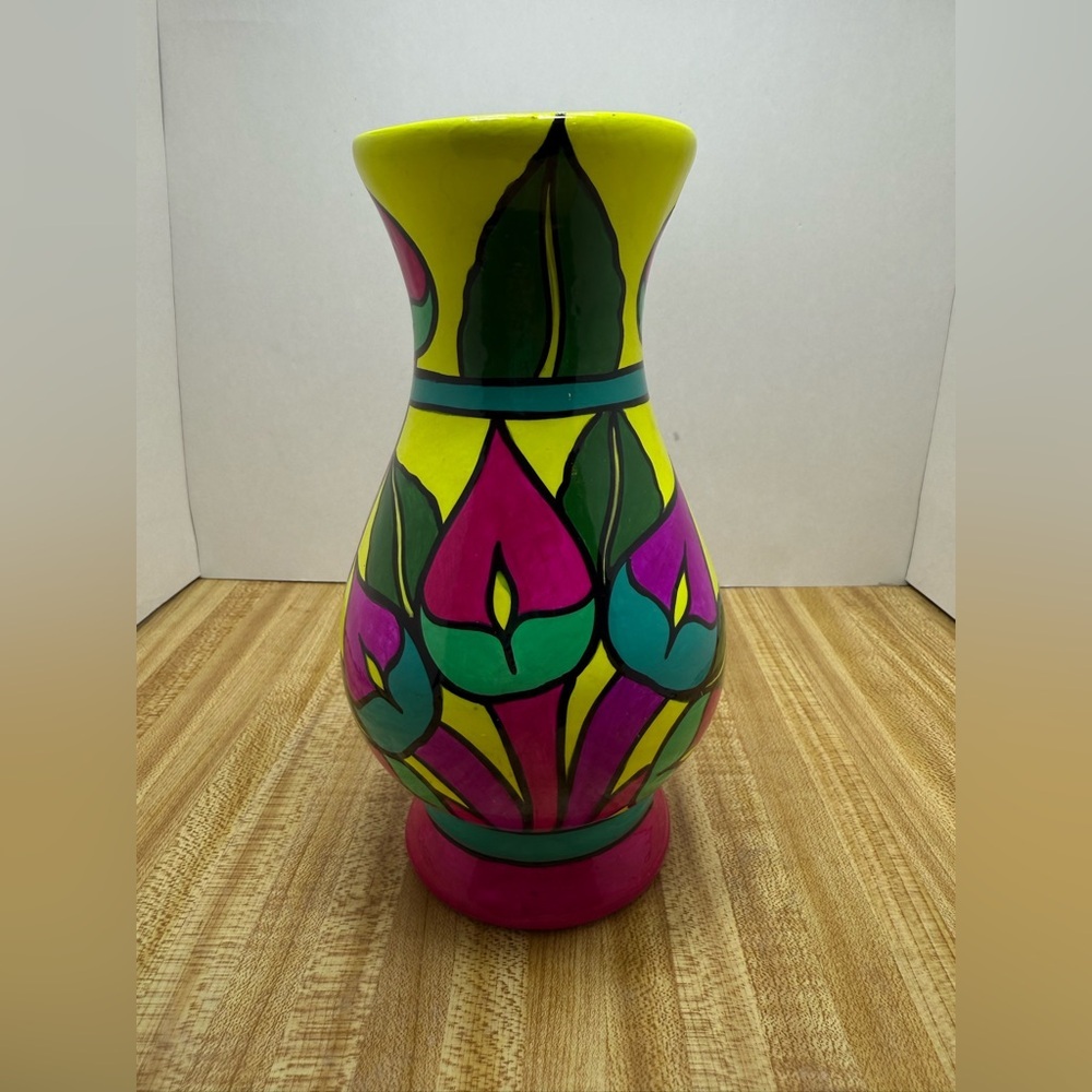 Decorative Mexican Yellow Multicolor Pottery Tulip Floral Colorful Hand Painted